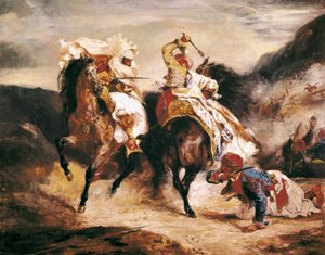 Kampen til Giaour og Pasha. Inspirer fra Lord Byrons dikt "" Le Giaour ". Orientalismemaleri av Eugene Delacroix (1798–1863) av Ferdinand Victor Eugene Delacroix
