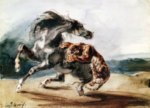 Tiger angriper en villhest (penn og blekk og akvarell på papir) av Ferdinand Victor Eugene Delacroix