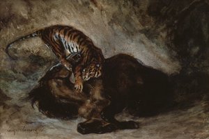 Tiger angriper en hest (wc på papir) av Ferdinand Victor Eugene Delacroix