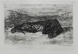 Tiger som ligger i ørkenen. av Ferdinand Victor Eugene Delacroix