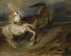 To hester som kjemper i et stormfullt landskap, ca. 1828 av Ferdinand Victor Eugene Delacroix