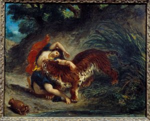 Ung kvinne tatt av en tiger eller indisk bitt av en tiger. Maleri av Eugene Delacroix (1798-1863) av Ferdinand Victor Eugene Delacroix