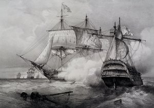 Kamp mellom amerikansk 74-kanons skip og britisk fregatt, litografi av Ferdinand Perrot