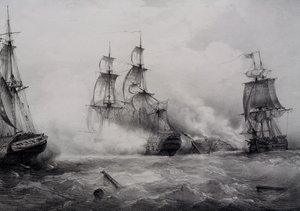 Kamp mellom britiske og amerikanske tredjerangs seilskip med 74 kanoner, litografi av Ferdinand Perrot av Ferdinand Victor Perrot