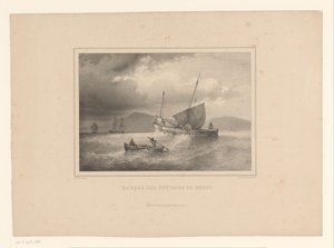 Strandet brigg mellom de høye bølgene Murstein a la cote (tittel på objekt) Naval Studies av Ferdinand Victor Perrot (serietittel) av Ferdinand Victor Perrot