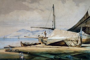 Leudi, ligurisk fiskebåt, fargelitografi av Ferdinand Perrot