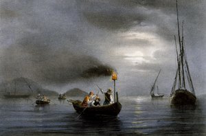 Nattfiske med fiskelampe, farget litografi av Ferdinand Perrot (1808-1841)