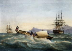 Utriggerkano fra Antillene, Fargelitografi av Ferdinand Perrot