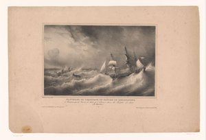 Redding van de bemanning fra skip de Repairer Redning av mannskapet på skipet Le Reparateur, fra Bordeaux av skipet Jules de Nantes i stormen 1825. (Ile Bourbon) (tittel på objekt) Rivieren en zeeën langs av Franse kust (serie tit