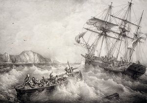 Redning av mannskapet på bretonsk fiskebåt av det svenske skipet Le Neptune, Litografi av Ferdinand Perrot