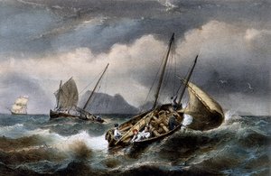 Sardinfiske langs kysten av Bretogne, farget litografi av Ferdinand Perrot (1808-1841)