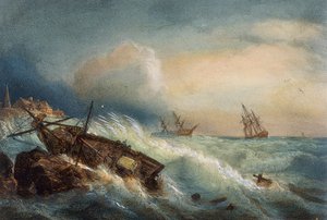 Forlis på kysten av Saint Nazaire, fargelitografi av Ferdinand Perrot, Frankrike