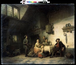 ""Le concert prive"" (Huskonsert) En familie samlet i et beskjedent interiør i Belgia lytter til en musiker som spiller sløyfe. Maleri av Ferdinand de Braekeleer den eldre (1792-1883) Mikhail Kroshitsky kunstmuseum fra 1800-tallet, Sevastopol (Se