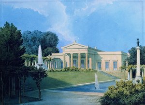 Utsikt over Charlottenhof fra hagen, 1855 (penn og blekk og wc på papir) av Ferdinand von Arnim