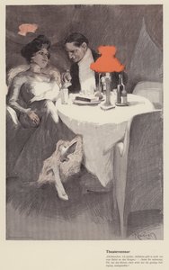Samtale mellom en teatersjef og en skuespillerinne på en kafé (farge litho) av Ferdinand von Reznicek
