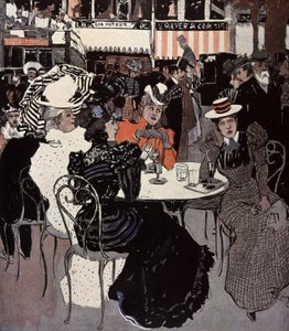 Kvinne snakker ved et bord utenfor en kafé. Illustrasjon av Von Reznicek i: Simplicissimus, Tyskland av Ferdinand von Reznicek