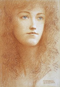 ""Portrett av en ung engelsk kvinne"" Sanguine på papir av Fernand Khnopff (1858-1921) Cirka 1890 privat samling av Fernand Khnopff