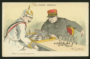 Postkort, satirisk i farger: Hein! I Snack You - War of 14 -18, Tyskland Preussen - William II, Joffre, Soldiers Illustrasjon av Gottlob (1873-1935)