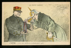 Postkort, satirisk i farger, ca. 1914_12: En liten gave jeg tilbyr med mine beste ønsker for 1915 - War of 14 -18, Canons, shells - William II, Joffre Illustrasjon av Gottlob (1873-1935)