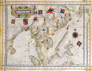 Plankart, kart før Mercator fra 1571 av den portugisiske kartografen Fernao Vaz Dourado (ca. 1520–ca. 1580). Kart over Øst-India, Bengalbukta, Sørøst-Kina, Thailand, Borneo og Japan. Krepsens vendekrets er navngitt. av Fernao Vaz Dourado