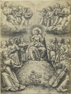 Fotoreproductie van de gravure Konserten des angis av Hieronymus Wierix Englenes konsert av Fierlants