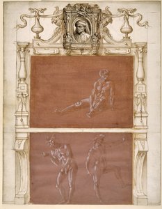 En naken sittende mann og to mannlige nakenbilder (metalpoint forsterket med hvit kroppsfarge på lilla forberedt papir)