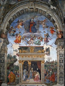 Jomfruens himmelfart og nedenfor St. Thomas Aquinas som presenterer til Maria kardinal Oliviero Carafa Fresco av filippinske Lippi (1457-1504) 1488-1492 Roma, kirken Santa Maria sopra Minerva, kapell Carafa Italia av Filippino Lippi
