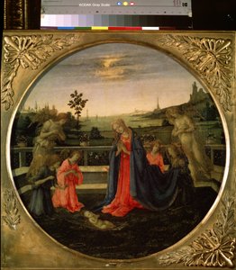Tilbedelsen av Kristusbarnet. Jesus Kristus-barn forgudet av jomfru Maria og englene. Maleri av Filippino Lippi (1457-1504), ca 1480. Tempera på kobber. Florentinsk kunst, renessanseperiode. Eremitasjemuseet, Saint Pet av Filippino Lippi
