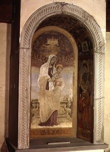 Madonna og barn med hellige, en detalj fra tabernaklet til Canto al Mercantale, 1498 av Filippino Lippi
