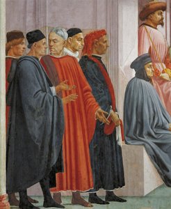Menn i middelalderdrakt, detalj fra The Raising of the Son of Theophilus, av Tommaso Masaccio, fresco av Filippino Lippi