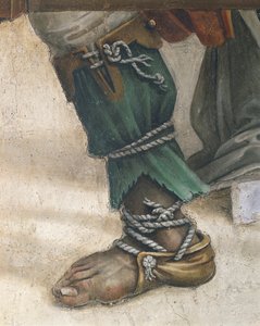 Saint John Evangelist Resuscitating Drusiana av Filippino Lippi, detalj av fottøy, fresco av Filippino Lippi