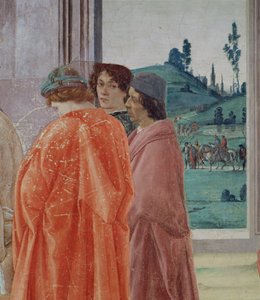 Tvisten med Simon Mago, og St.Peters korsfestelse Detalj av tre skikkelser som ser på korsfestelsen, sentralportrett som antas å være av Filippinos lærer Botticelli, freskomaleri ca. 1480, se også 6