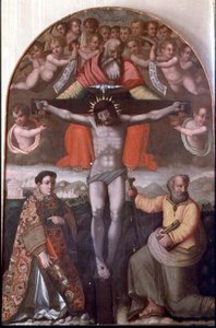 Treenighet med SS. Stephen og Philip, sentralpanel i en altertavle (tempera på panel) av Filippino Lippi