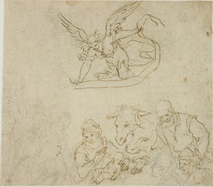 fødsel (rekto); Jomfru og barn, engel (verso)