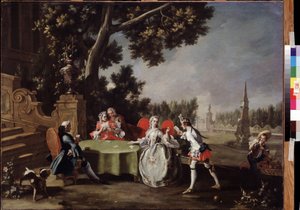 ""Kortfesten"" Gruppe med italiensk adel som spiller kort i en hage. Maleri av Filippo Falciatore (1718-1768) Pushkin-museet fra 1700-tallet, Moskva