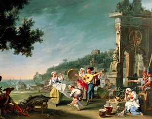 Tarantella i Margellina, ca 1750, av Filippo Falciatore (aktiv 1737-1768), olje på lerret, 76,2 x102 cm. Italia