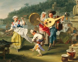 Tarantella in Mergellina, ca 1750, av Filippo Falciatore (aktiv 1737-1768), olje på lerret, 76,2x102 cm, Detalj, Italia