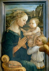 Jomfru og barn og to engler Detrempe på tre av Filippo Lippi (1406-1469) 1465 ca. Dim. 92x63 cm Firenze, Galleria degli Uffizi (kontorer)