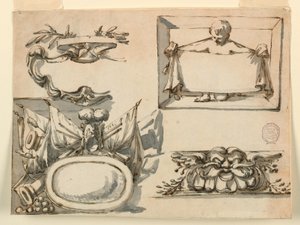 Tegning, et våpenskjold, et trofé, en etikett, et dekorativt motiv for en frise, 1750–75