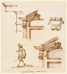 Tegning, arkitektoniske detaljer og figurstudie, 1760–75 av Filippo Marchionni