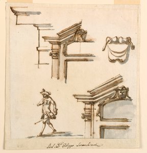 Tegning, arkitektoniske detaljer og figurstudie, 1760–75 av Filippo Marchionni