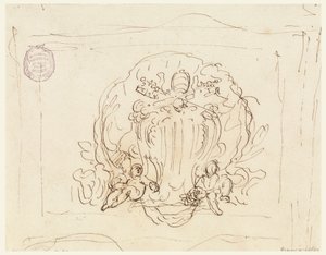 Tegning, tavle med pave Benedikt XIVs våpenskjold med skjell som bakgrunn, 1740–58