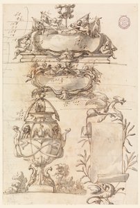 Tegning, to våpenskjold, dekorativ vase og en skriftrull, 1750–75