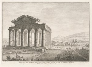 Utsikt over Peripteral Hexastyle Temple fra sør, fra Antichit? av Pesto (Antiquities of Paestum)