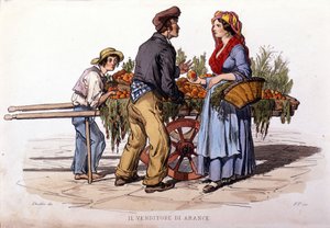 Kleingewerbe i byen Napoli: den gående selgeren av appelsiner. Gravering etter et maleri av F. Palizza. Fra et verk av Francesco de Bourcard "" Costumi del regno di Napoli"" av Filippo Palizzi