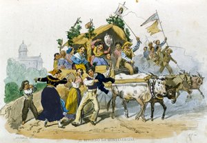 Napolitanere kommer muntert tilbake fra ekskursjonen til Montevergine. Tegning av F. Palizzi fra «Costumi del regno di Napoli»» av De Bourcard av Filippo Palizzi