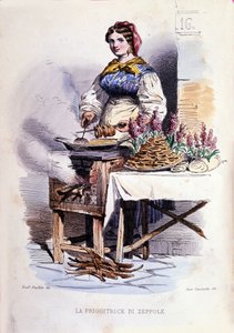 Småbedrifter i byen Napoli: gående selger av zeppolle, spesialitetspatisserie i Napoli. Gravering etter et maleri av F. Palizza. Fra et verk av Francesco de Bourcard "" Costumi del regno di Napoli"" av Filippo Palizzi