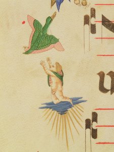 Missal 515 f.13v En kjerub med kappe som prøver å fange en flygende fugl, fra en dekorativ kant, detalj fra en korbok utført før 1449 vellumdetalj av 56721