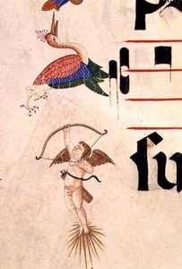 Missal 515 f.5r En kjerub som skyter en stork med bue og usynlig pil, detalj av dekorativ kant fra en korbok utført før 1449 (vellum)