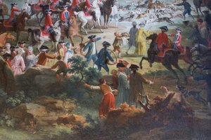 Hjortejakt, av Vittorio Amedeo Cignaroli (1730-1800), olje på lerret, godseierhall, Jaktbolig, av Filippo Juvarra (1678-1736), Stupinigi, Piemonte, Italia